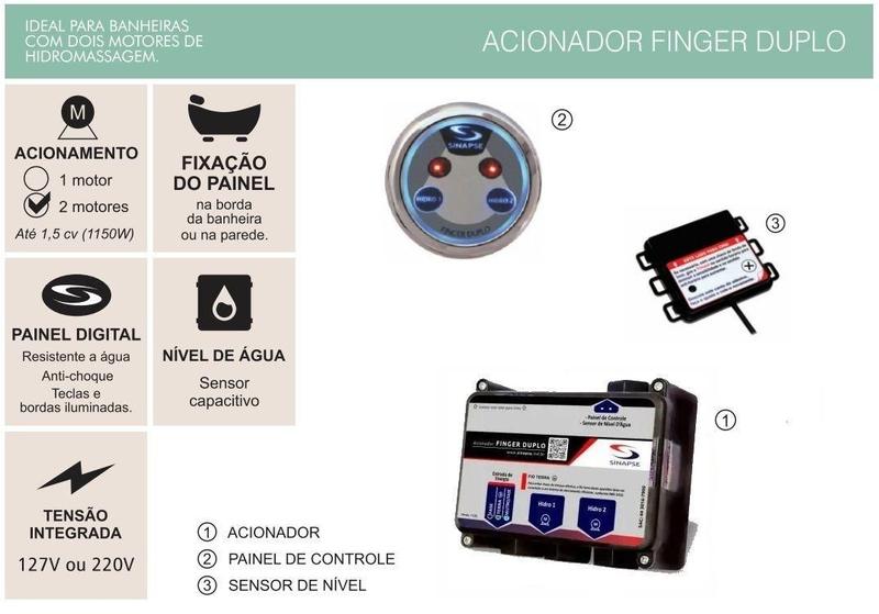 Imagem de Acionador Banheira Hidro Motobomba Finger Duplo Duo Sinapse