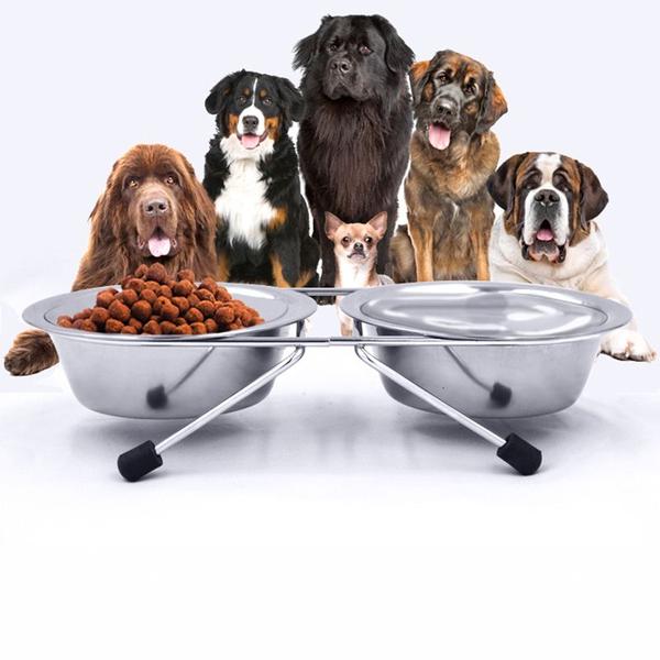 Imagem de Aço inoxidável criado cão double bowls anti skid pet food water bowl para cães pequenos grandes cães de gato alimentação Alimentação de cães