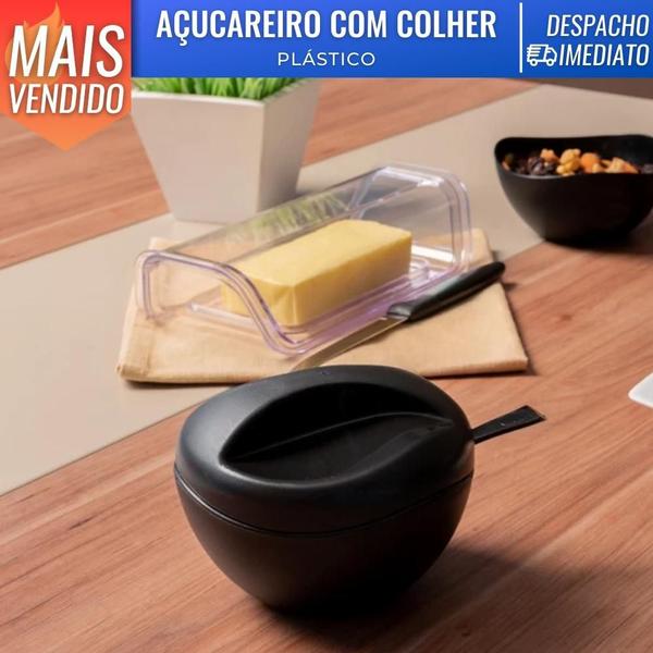 Imagem de Açucareiro C/ Colher De Mesa Porta Açúcar Tampa UZ Plástico