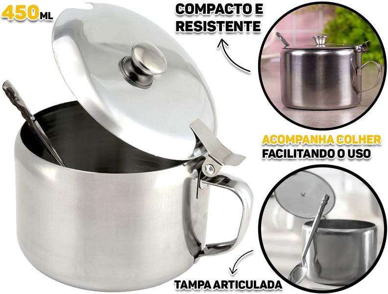 Imagem de Açucareiro De Mesa Em Aço Inox Com Colher Alça Tampa Abre E Fecha 450ml Clink