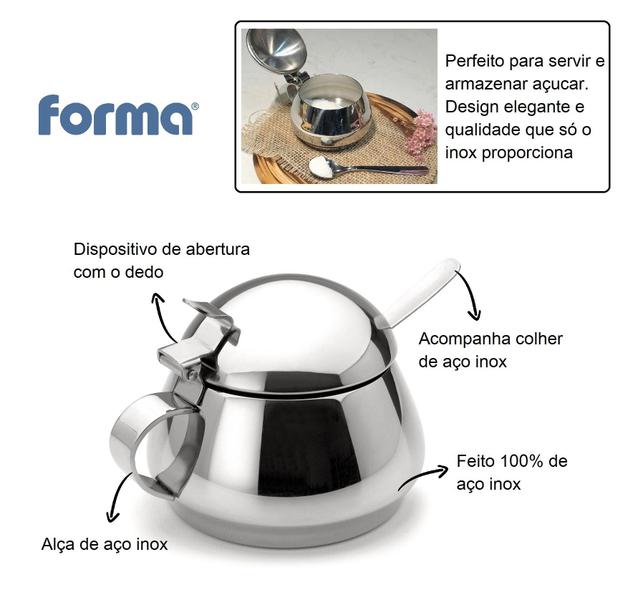 Imagem de Açucareiro De Mesa Todo De Inox 250g Acompanha Colher Lyr Porta Açucar Servir Chá Café Casa Cozinha