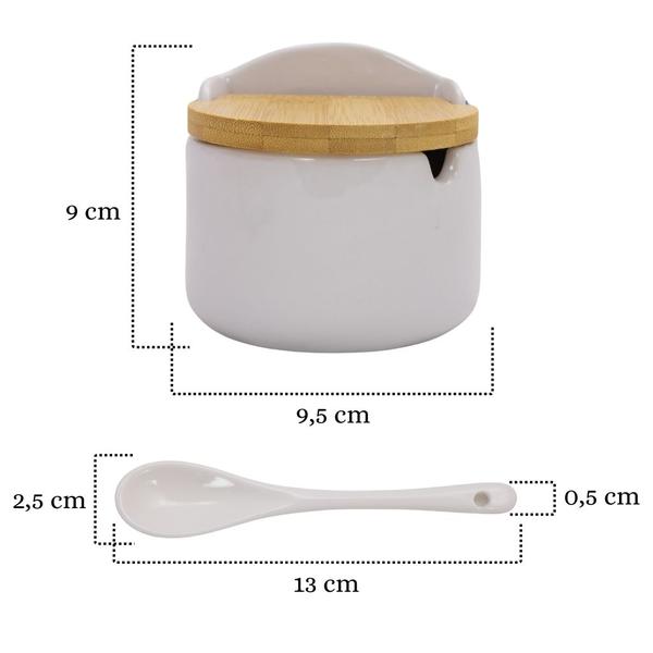 Imagem de Açucareiro Saleiro Porta Condimento De Porcelana Branca Colher Tampa Bambu