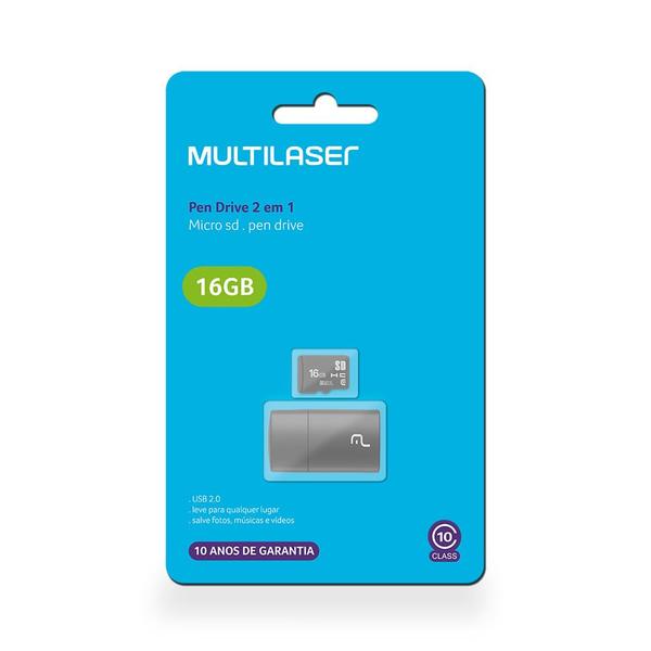 Imagem de Adaptador 2x1 Multilaser 16GB Cartão Micro SD+Cartão SD Clasee 4+Pendrive