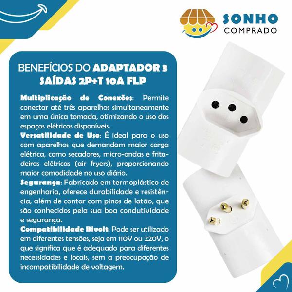 Imagem de Adaptador 3 saídas 2P+T 10A branco 1222027 FLP