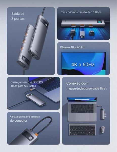 Imagem de Adaptador 8 Em 1 Hub Usb 3.1 Usb C 10 Gbps Tipo C Pd 100W