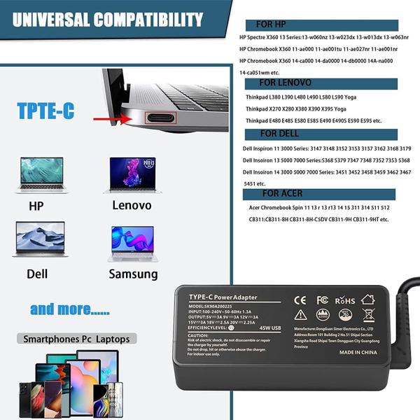 Imagem de Adaptador AC de carregador de 45 W USB tipo C para HP Chromebook X360