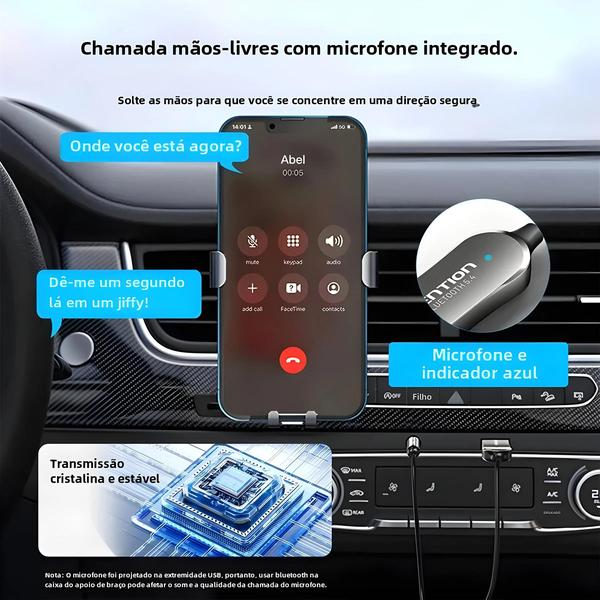 Imagem de Adaptador Bluetooth 5.3 para Carro - Receptor Sem Fio com Microfone e Entrada Auxiliar de 3,5mm