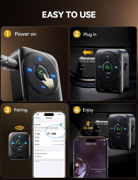 Imagem de Adaptador Bluetooth para carro, receptor AUX JOYROOM com microfones duplos