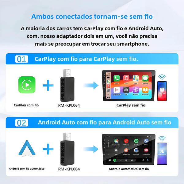 Imagem de Adaptador Carplay e Android Auto Sem Fio 2 em 1 - Compatível com Volvo, Benz, Audi, Kia, Hyundai, VW, Mazda, Cadillac e MG