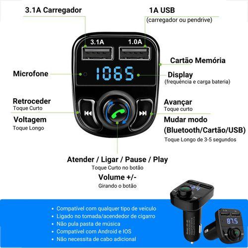 Imagem de Adaptador Carregador Transmissor Usb Bluetooth Automotivo