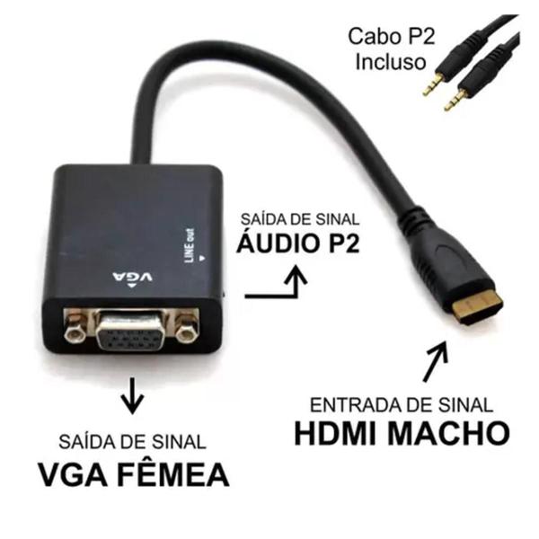 Adaptador Conversor de Vídeo Hdmi para Vga com saída de Áudio P2 para Computador Notebook Placa de Vídeo Monitor - KNUP Imagem de Adaptador Conversor de Vídeo Hdmi para Vga com saída de Áudio P2 para Computador Notebook Placa de Vídeo Monitor