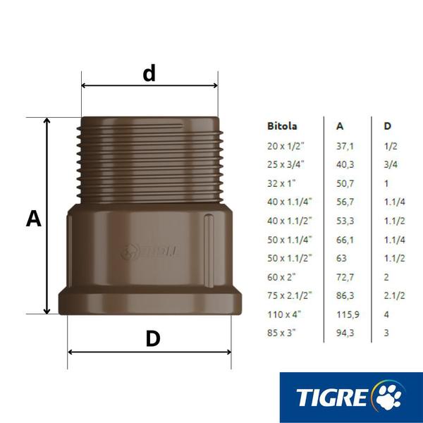 Imagem de Adaptador Curto Conexão PVC Marrom Roscável Soldável Para Água Fria De 85x3” Polegadas Tigre