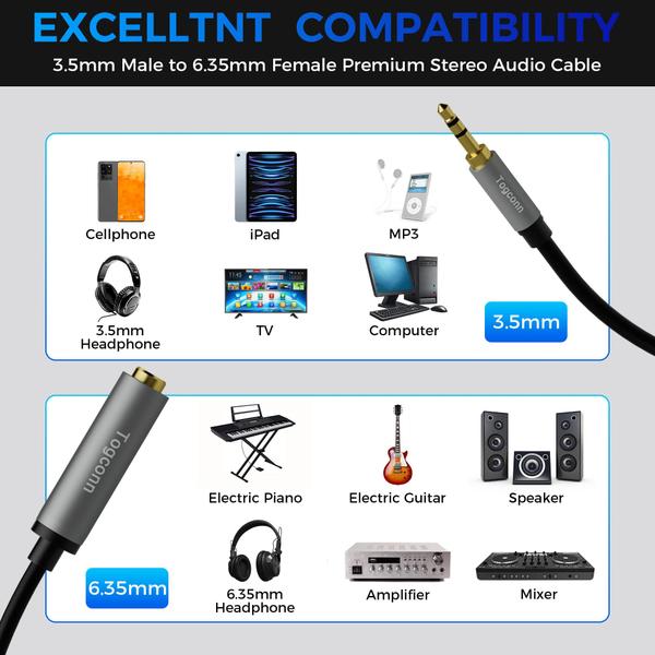 Imagem de Adaptador de áudio Togconn de 3,5 mm macho para 6,35 mm fêmea, cabo de 28 cm