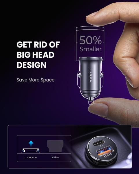 Imagem de Adaptador de carregador de carro LISEN USB C Fast Charge 48 W, pacote com 2 unidades, prata