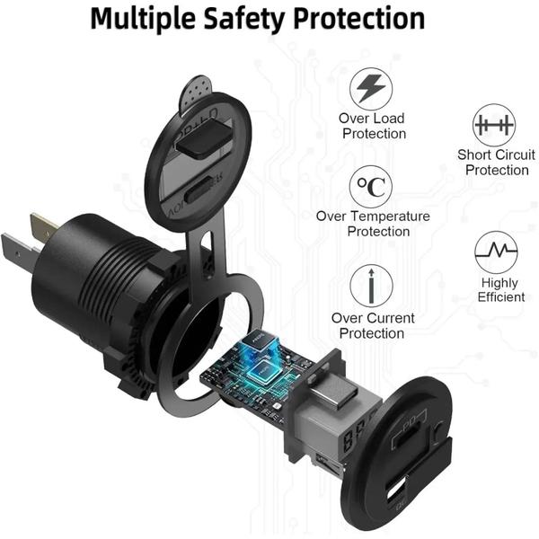 Imagem de Adaptador de Carregador de Carro Rápido 12V com QC3.0, PD, Voltímetro LED e Interruptor