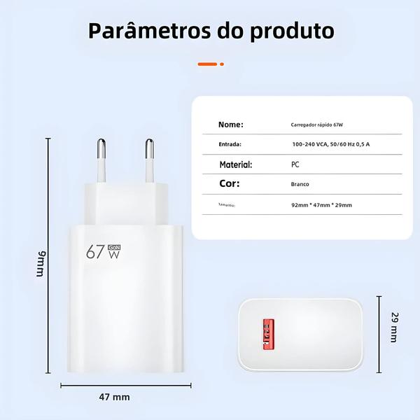 Imagem de Adaptador de Carregamento Rápido USB GaN 67W - iPhone 15, Samsung, Xiaomi e Redmi