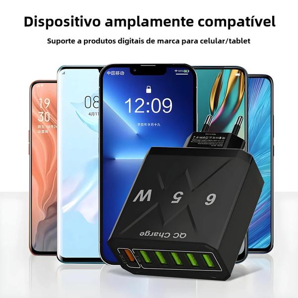 Imagem de Adaptador de Carregamento USB Rápido 3.1A 6 em 1 - Carregador de Viagem Multi Plug para iPhone 13/12