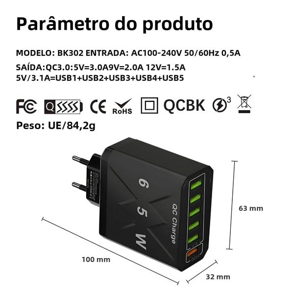 Imagem de Adaptador de Carregamento USB Rápido 3.1A 6 em 1 - Carregador de Viagem Multi Plug para iPhone 13/12