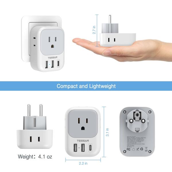 Imagem de Adaptador de plugue TESSAN tipo E/F com 3 portas USB dos EUA para a Europa