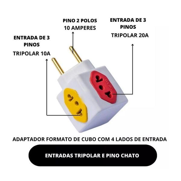 Imagem de Adaptador de Tomada Cubo Colorido 4 Entradas Universal Bivolt 10A e 20A