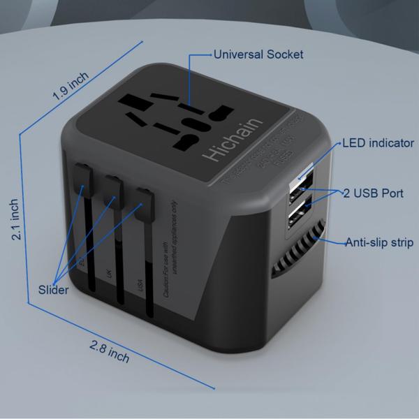 Imagem de Adaptador de tomada de viagem Hichain European com 2 USB 2.4A preto