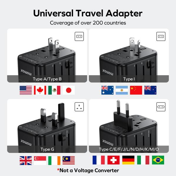 Imagem de Adaptador de tomada de viagem MOMAX Universal Tipo C/G/A/I com USB