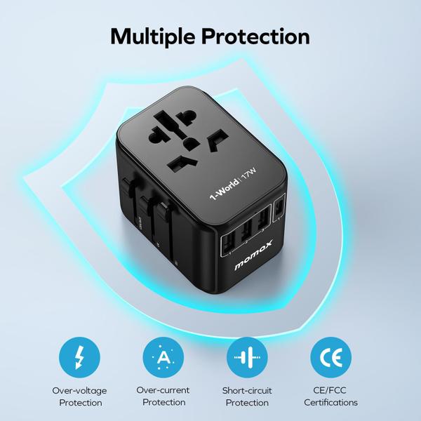 Imagem de Adaptador de tomada de viagem MOMAX Universal Tipo C/G/A/I com USB