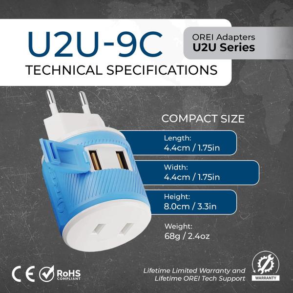 Imagem de Adaptador de tomada de viagem OREI U2U-9C tipo C com USB duplo na Europa