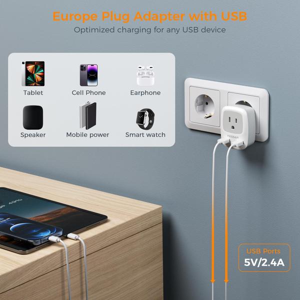 Imagem de Adaptador de tomada de viagem TESSAN Europe Power com 2 USB tipo C