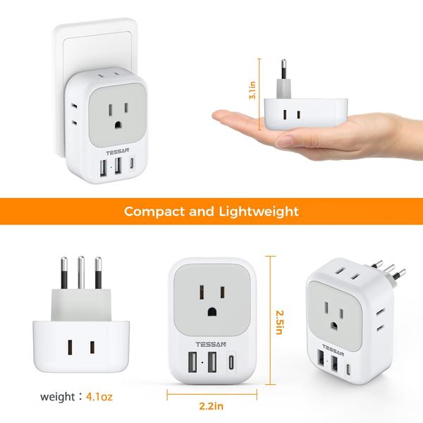 Imagem de Adaptador de tomada de viagem TESSAN Italy Tipo L com 4 tomadas, 3 USB