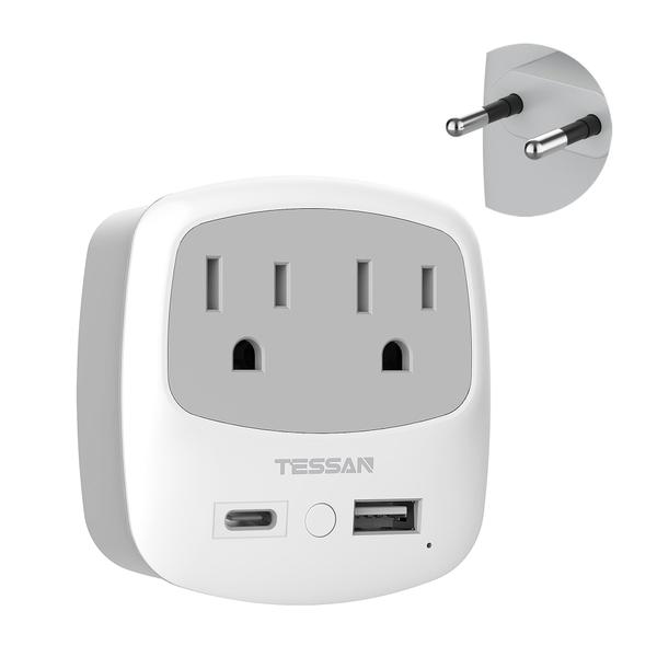 Imagem de Adaptador de tomada de viagem TESSAN tipo C com 2 tomadas e 2 portas USB