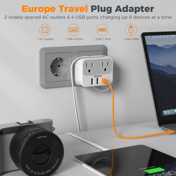 Imagem de Adaptador de tomada de viagem TESSAN tipo C com 2 tomadas e 3 portas USB