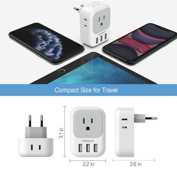 Imagem de Adaptador de tomada de viagem TESSAN US para a Europa com 4 tomadas AC, 3 USB