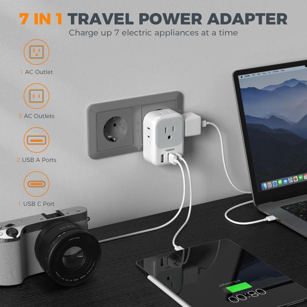 Imagem de Adaptador de tomada de viagem TESSAN US para a Europa com 4 tomadas AC, 3 USB