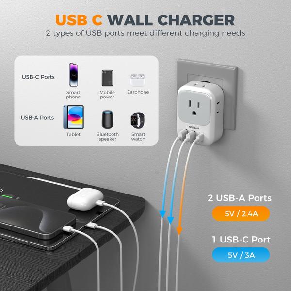 Imagem de Adaptador de tomada de viagem TESSAN US para o Reino Unido com 4 tomadas AC, 3 USB