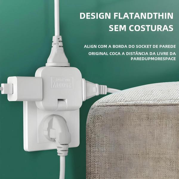 Imagem de Adaptador de Tomada Rotativo 3 em 1 com Plugue UE - Extensão com Mini Tomada USB