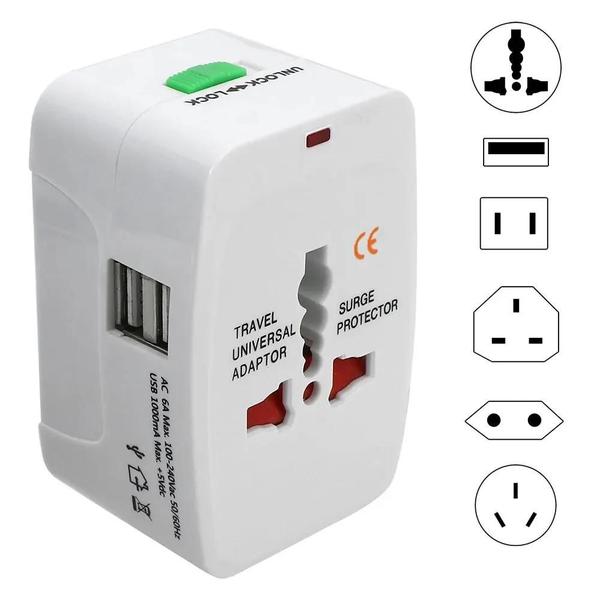 Imagem de Adaptador de Viagem Universal com 2 Portas USB - Carregador de Energia para EUA, Reino Unido, UE e AU