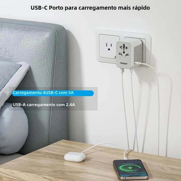 Imagem de Adaptador de Viagem Universal Tessan - 2 USB + 3 Tipo C - EUA, UE, Reino Unido e Austrália