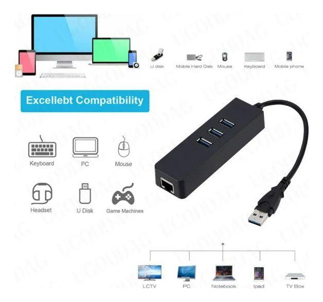 Imagem de Adaptador Ethernet UGREEN USB3.0 1000Mbps USB RJ45 HUB 4 Portas Para Laptop Mi Box S/3 Windows Cartão De Rede Lan