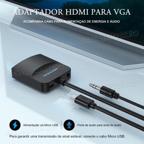 Imagem de Adaptador Hdmi Macho Para VGA Fêmea 1080p Com Audio Micro-B