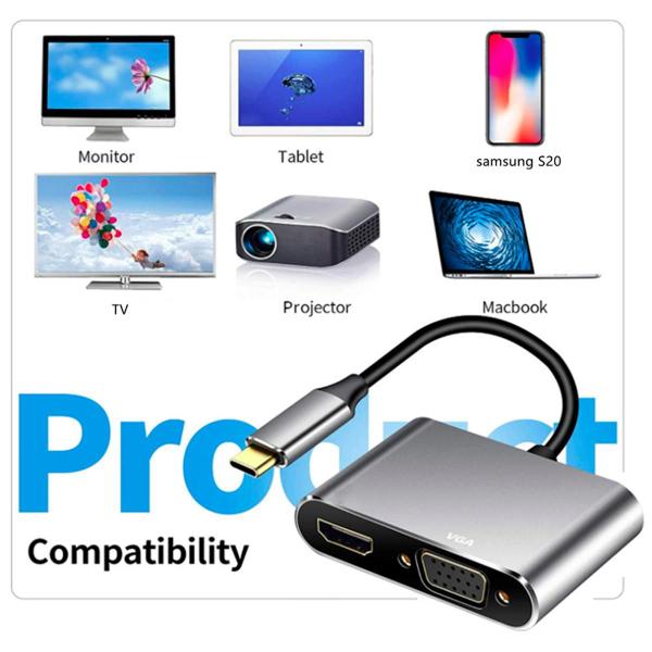 Imagem de Adaptador Hub Tipo C, USB 3.0, HDMI e VGA 4 em 1