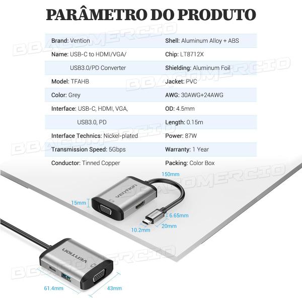 Imagem de Adaptador Hub Type-c 4 Usb 3.0 HDMI VGA PD Windows Mac Os