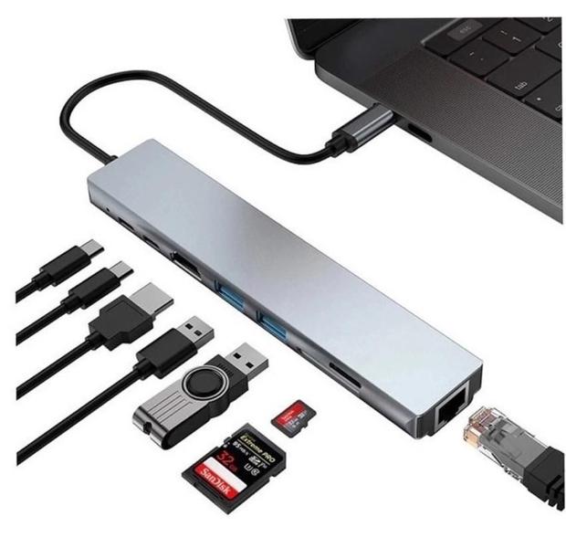 Imagem de Adaptador Hub Type C 8x1 Hdmi 4k, Lan, Usb 3.0, Leitor SD para Notebook