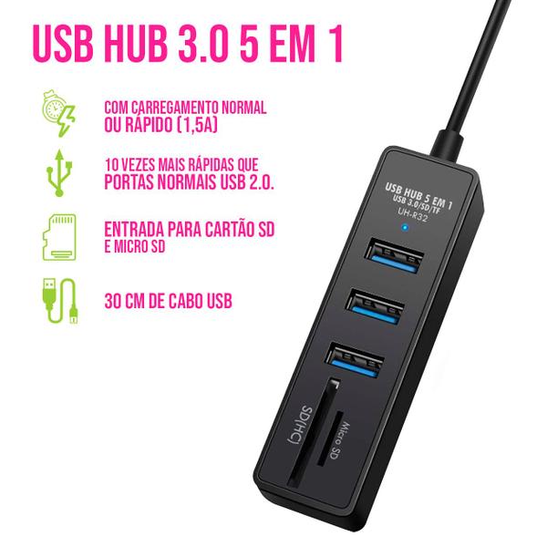 Imagem de Adaptador Hub Usb 3.0 3 Entradas + Micro SD e Leitor SD 5em1