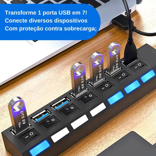 Adaptador Hub Usb 3.0 7 Portas Extensão Rápida Pendrive Not HD Mouse Régua USB Ultra Rápido Extensor USB 3.0 Com Led Indicador - Extensão USB Imagem de Adaptador Hub Usb 3.0 7 Portas Extensão Rápida Pendrive Not HD Mouse Régua USB Ultra Rápido Extensor USB 3.0 Com Led Indicador