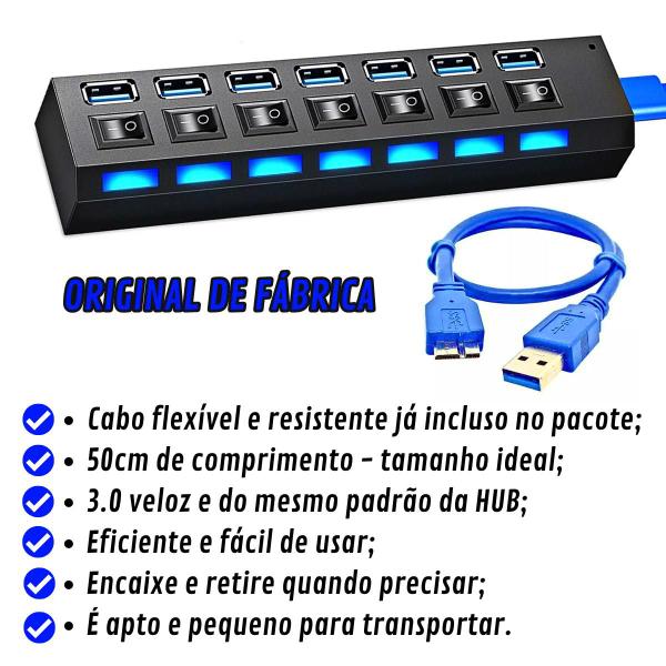 Adaptador Hub Usb 3.0 7 Portas Extensão Rápida Pendrive Not HD Mouse Régua USB Ultra Rápido Extensor USB 3.0 Com Led Indicador - Extensão USB Imagem de Adaptador Hub Usb 3.0 7 Portas Extensão Rápida Pendrive Not HD Mouse Régua USB Ultra Rápido Extensor USB 3.0 Com Led Indicador