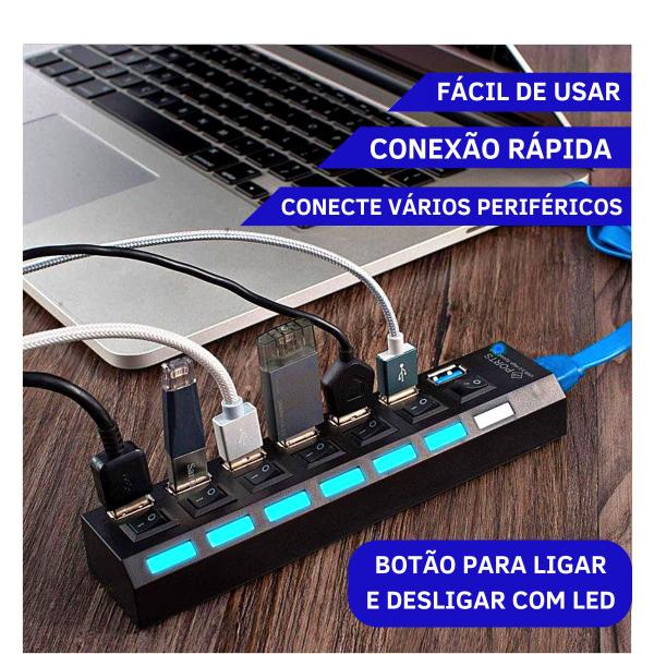 Adaptador Hub Usb 3.0 7 Portas Extensão Rápida Pendrive Not HD Mouse Régua USB Ultra Rápido Extensor USB 3.0 Com Led Indicador - Extensão USB Imagem de Adaptador Hub Usb 3.0 7 Portas Extensão Rápida Pendrive Not HD Mouse Régua USB Ultra Rápido Extensor USB 3.0 Com Led Indicador