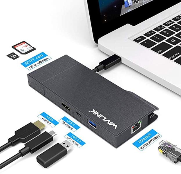 Imagem de Adaptador HUB USB-C, 7 em 1, com HDMI, USB 3.0, USB-C, RJ45, Micro SD/SD, UHP3406 Wavlink