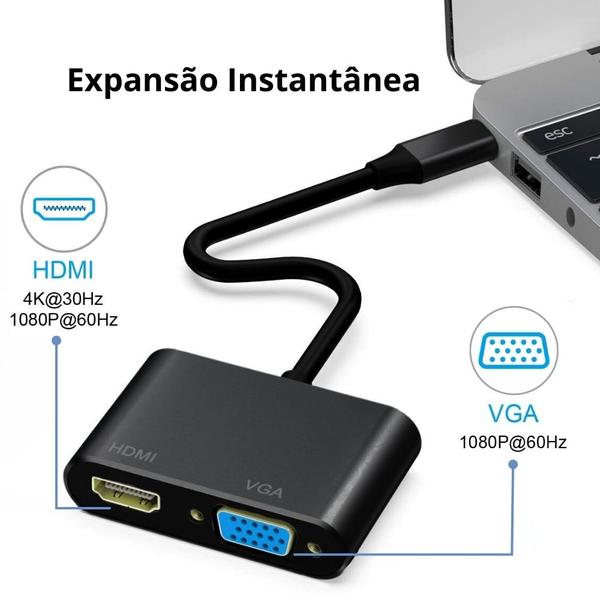 Imagem de Adaptador HUB USB Tipo C 4 em 1 HDMI VGA USB 3.0