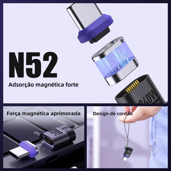 Imagem de Adaptador Magnético De Ângulo Reto USB C Macho Para Fêmea 240W 90 Graus PD30 Extensor Tipo C De